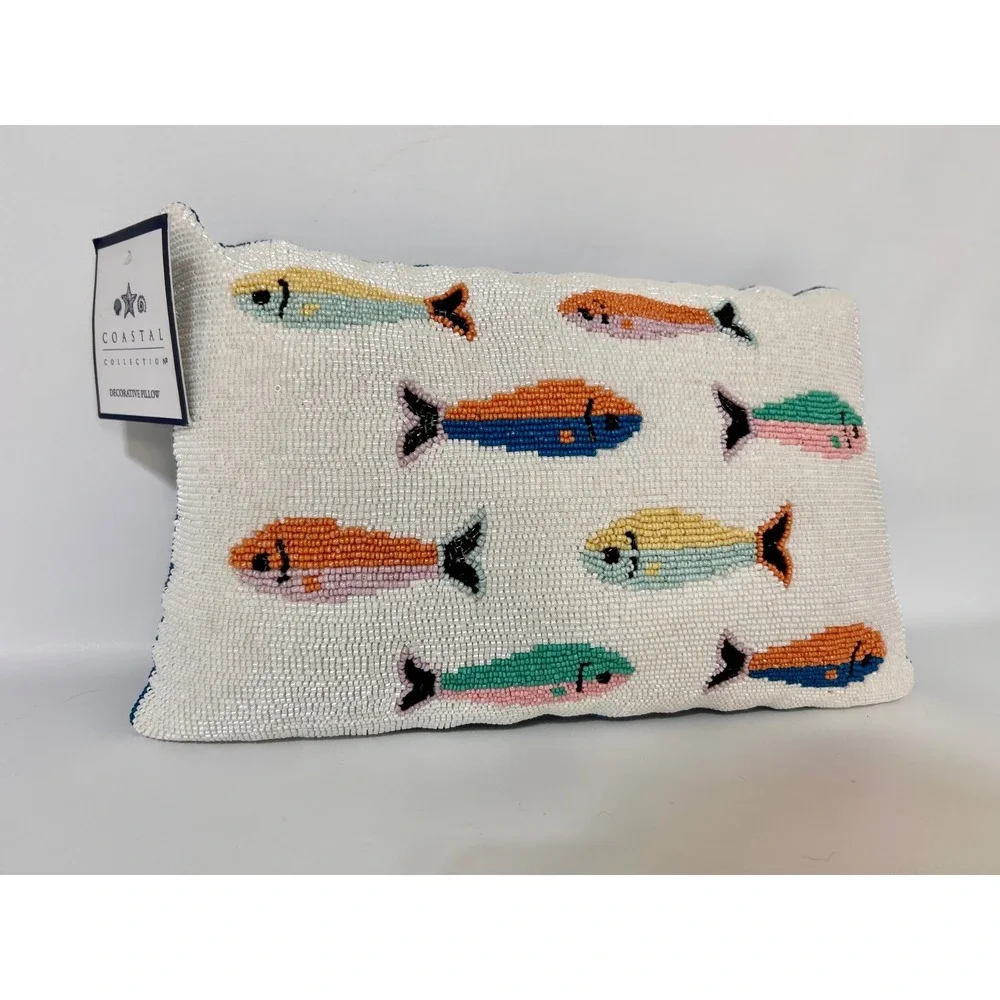Coastal Collection Colorful Fish Sardines Beaded Decorative Small Pillow NEW